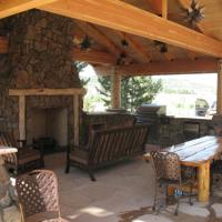 1508K - Log Pavilion Stone Fireplace Flagstone Patio Outdoor Kitchen Living Space